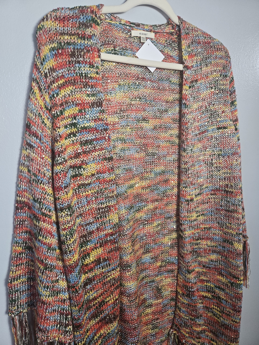 NWT Easel Multicolor Sequin Fringe Duster Cardigan Knit Kimono Sweater Size M/L - Picture 3 of 7